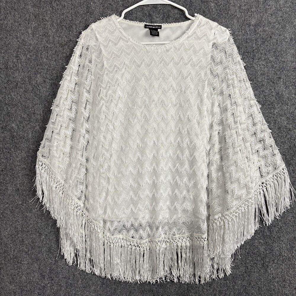 Lauren Michelle Top Blouse  Womens Size L White Fringe Overlay Artsy Stylish